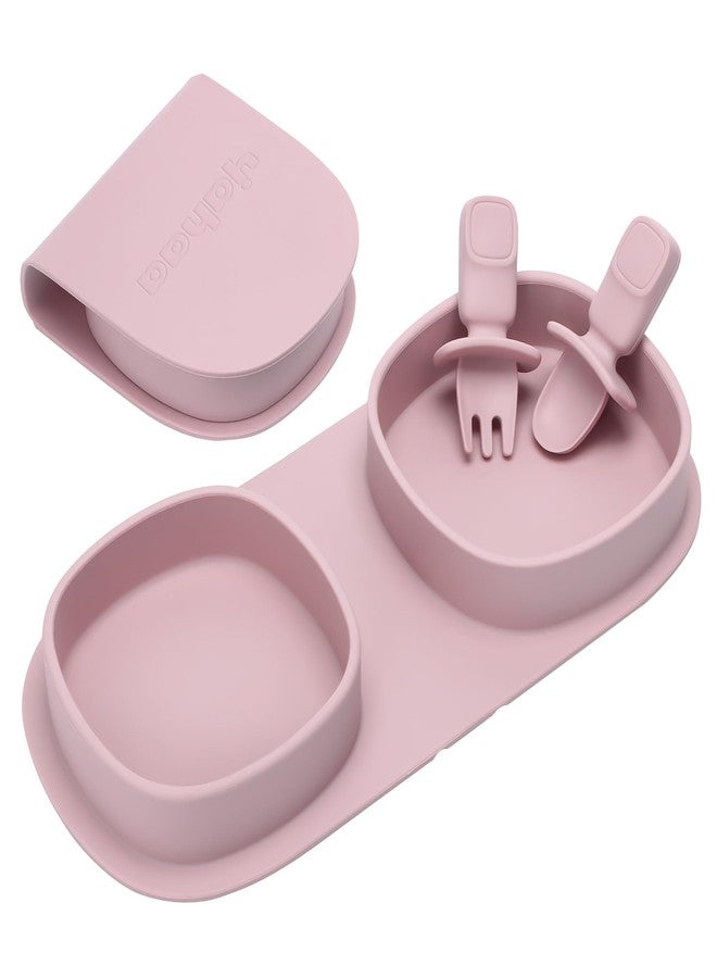 yahaa Silicone Foldable Novelty Dinner Plates,Baby Plates Travel Essential with Forks and Spoons,Microwave & Dishwasher Safe,Matte Pink - Image 1